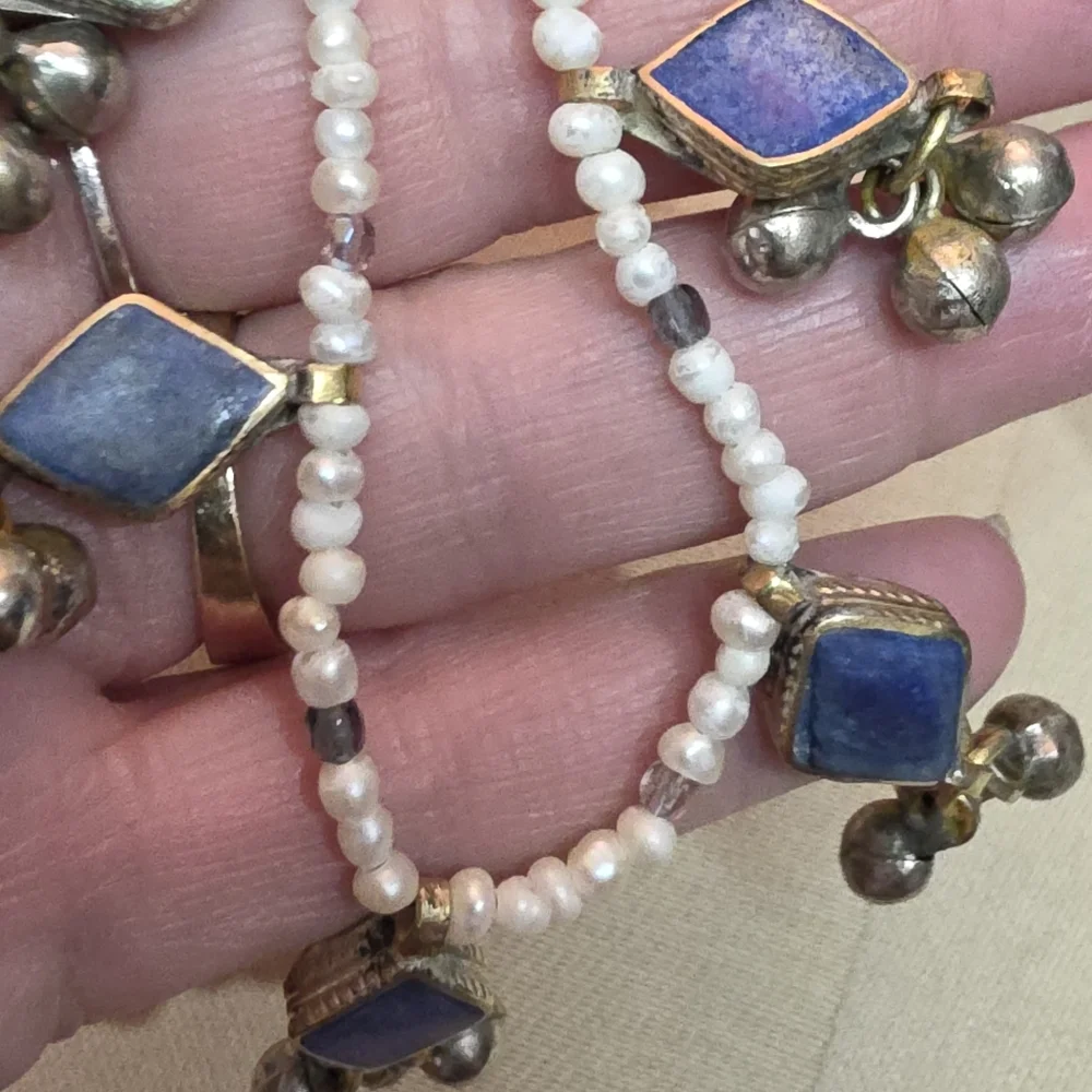 BLUE LAPIS STERLING 925 GENUINE SEED PEARL ANKLET 10 INCHES